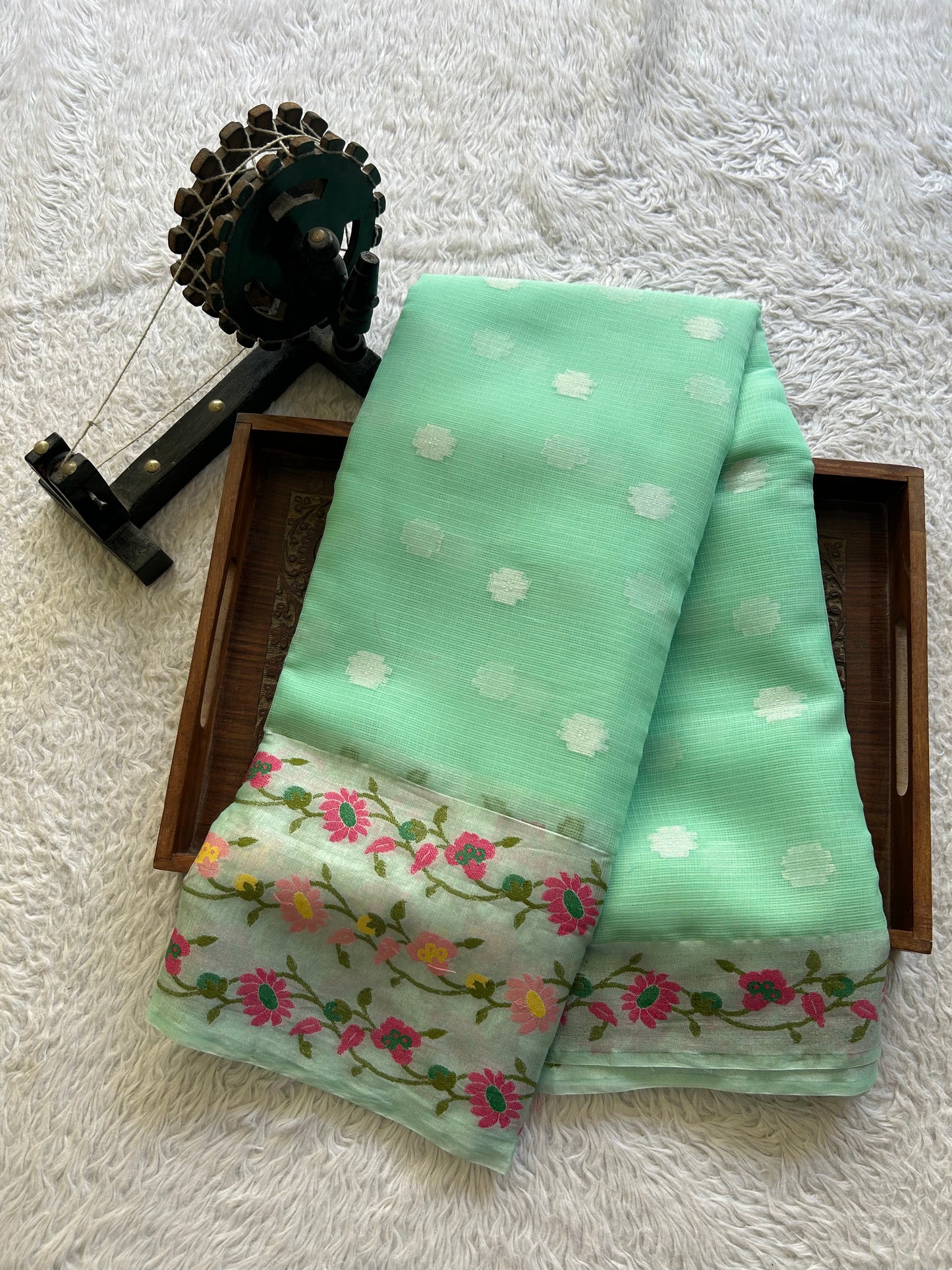 Silk Kota Saree Lagoon Colored Elegantly Paired with a Tissue Border