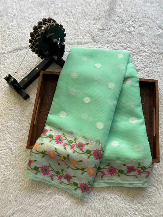 Silk Kota Saree Lagoon Colored Elegantly Paired with a Tissue Border