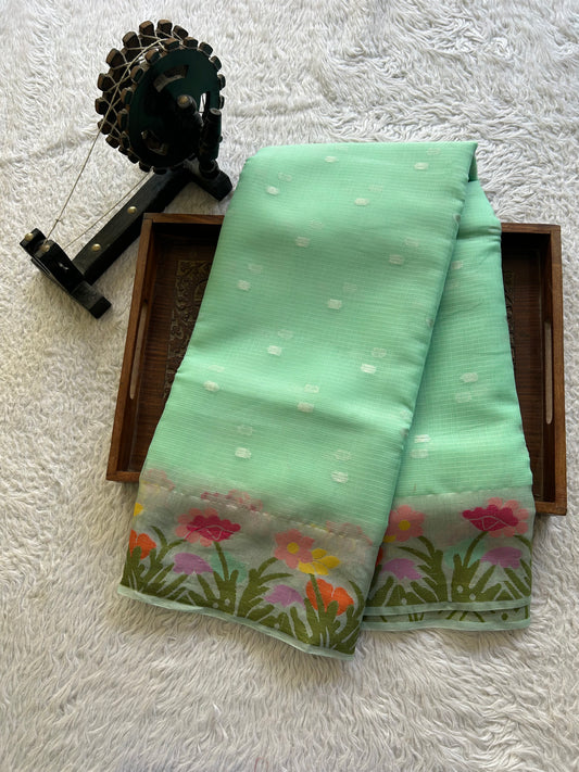 Silk Kota Saree Light Lagoon Colored Elegantly Paired with a Tissue Border