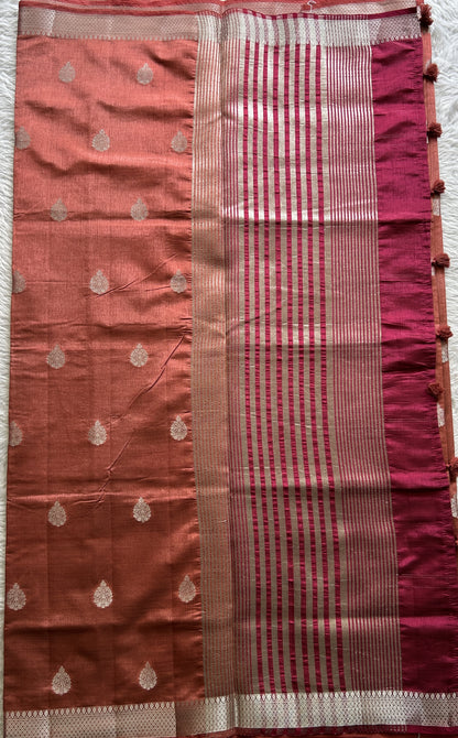 Semi Tussar Saree Rust Colored complemented with a Zari Border. - Sampradaya Designer Studio