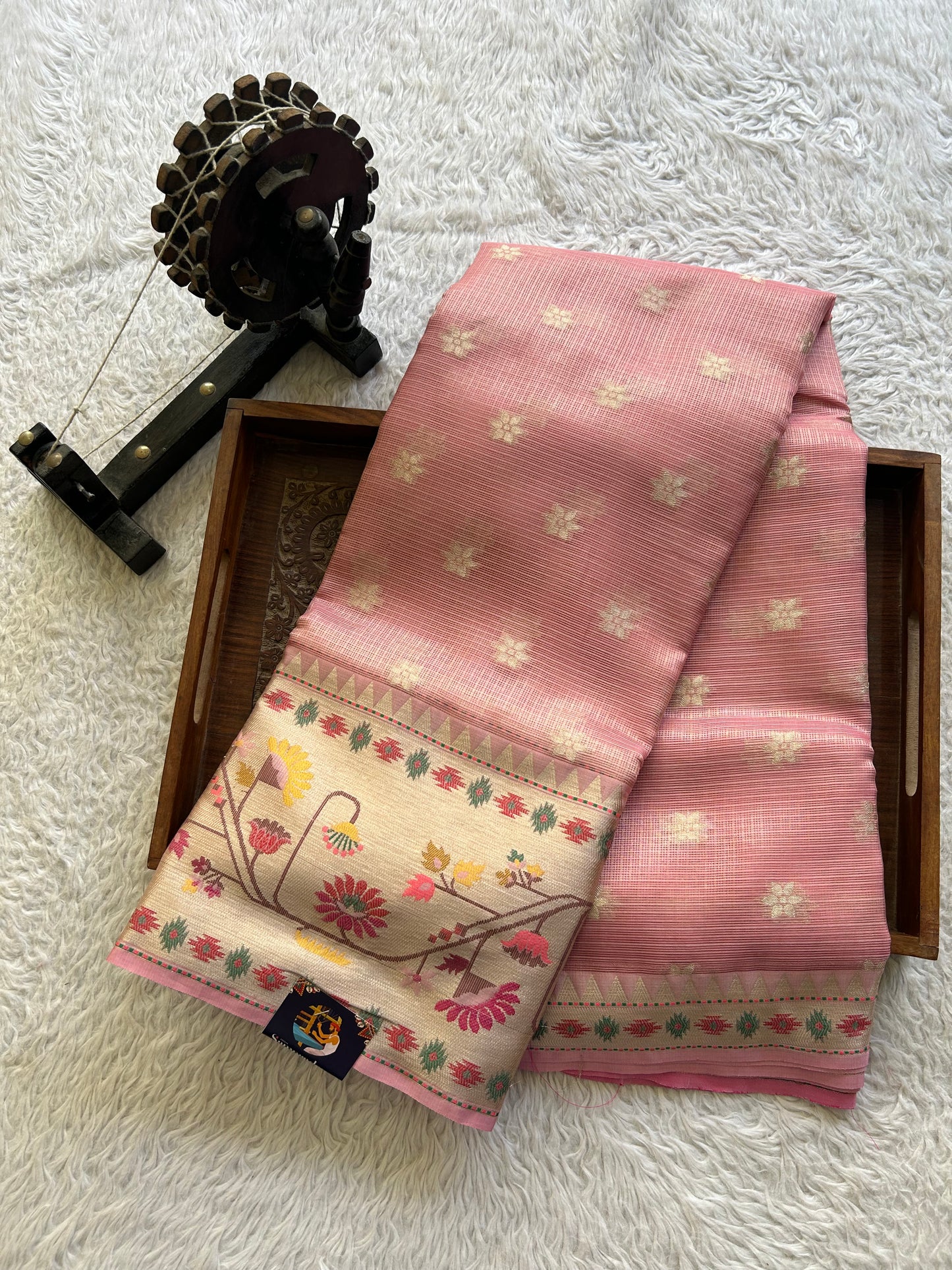 Tissue Kota Saree Bubblegum Colored Elegantly Paired with a Tissue Border