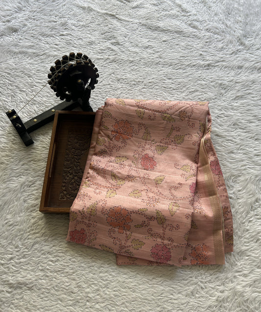 Semi Tussar Saree Colored Light Pink Complemented with a Zari Border. - Sampradaya Designer Studio
