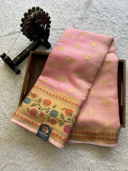 Tissue Kota Saree Light Bubblegum Colored Elegantly Paired with a Tissue Border