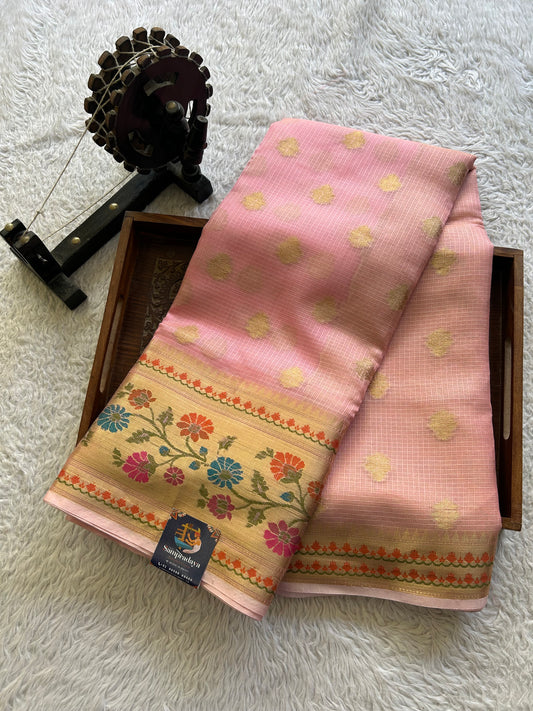 Tissue Kota Saree Light Bubblegum Colored Elegantly Paired with a Tissue Border