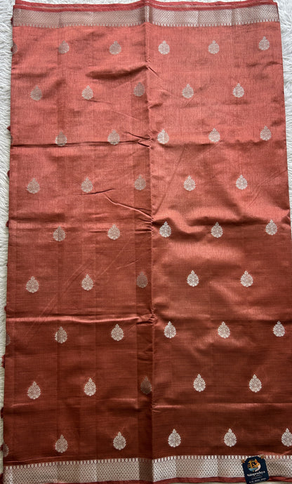 Semi Tussar Saree Rust Colored complemented with a Zari Border. - Sampradaya Designer Studio