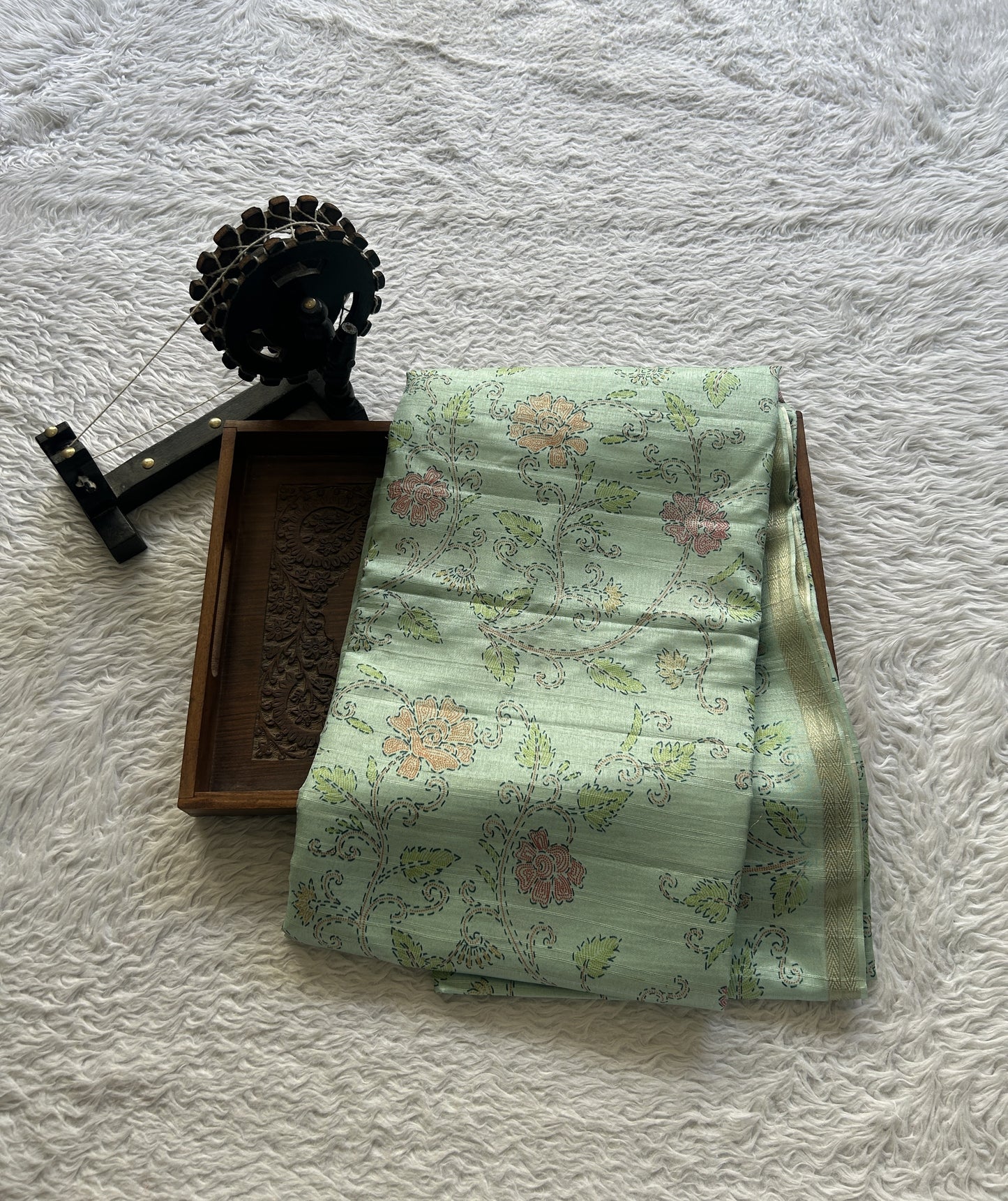 Semi Tussar Saree Colored Light Sea Blue Complemented with a Zari Border. - Sampradaya Designer Studio