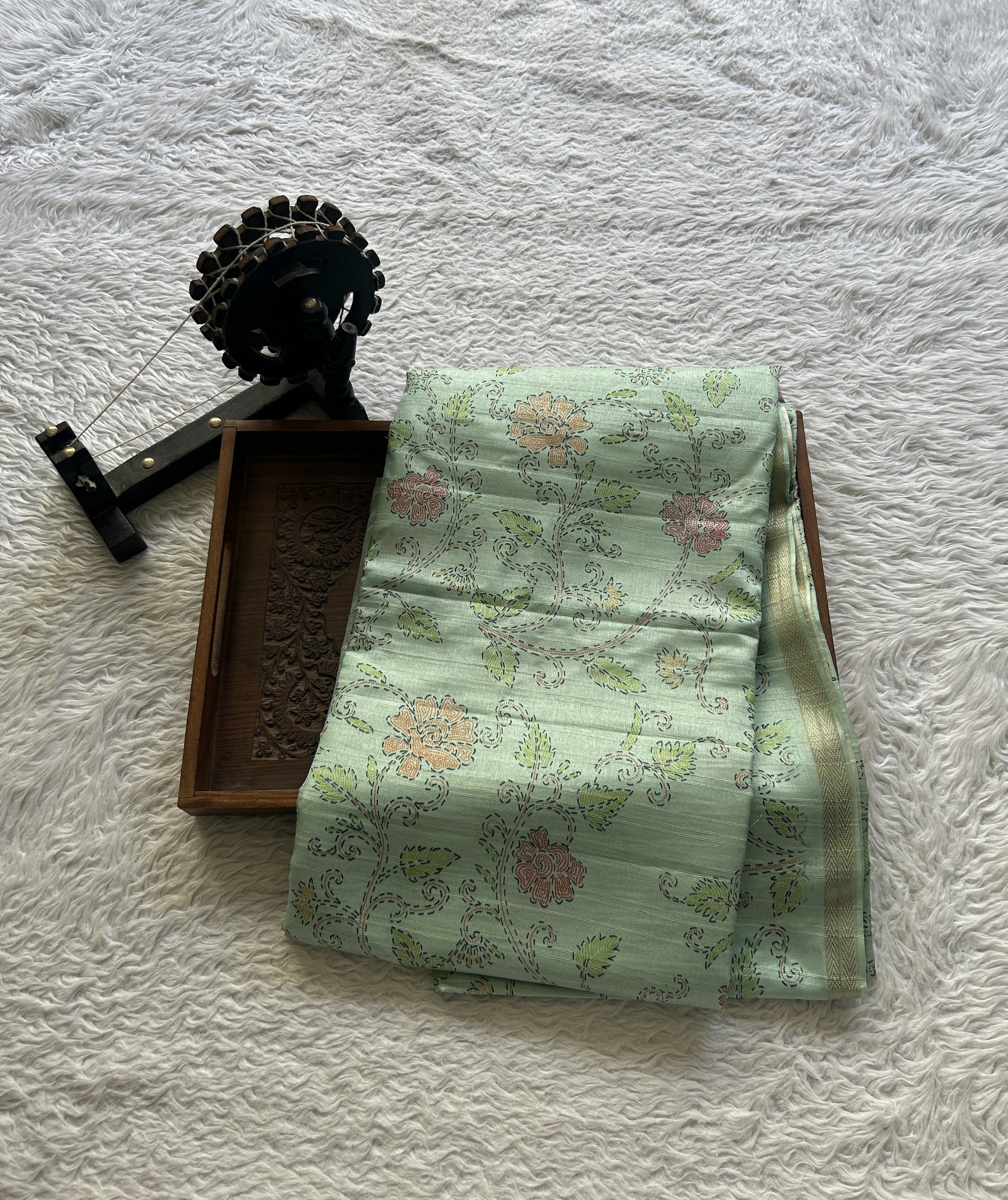 Semi Tussar Saree Colored Light Sea Blue Complemented with a Zari Border. - Sampradaya Designer Studio