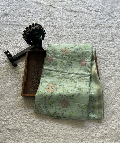 Semi Tussar Saree Colored Light Sea Blue Complemented with a Zari Border. - Sampradaya Designer Studio