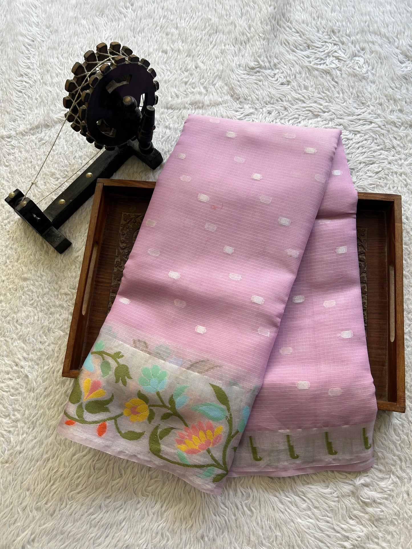 Silk Kota Saree Light Lavender Colored Elegantly Paired with a Tissue Border