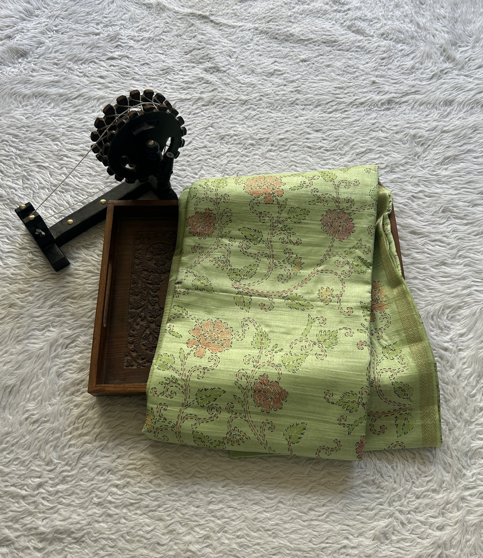 Semi Tussar Saree Colored Parrot Green Complemented with a Zari Border. - Sampradaya Designer Studio