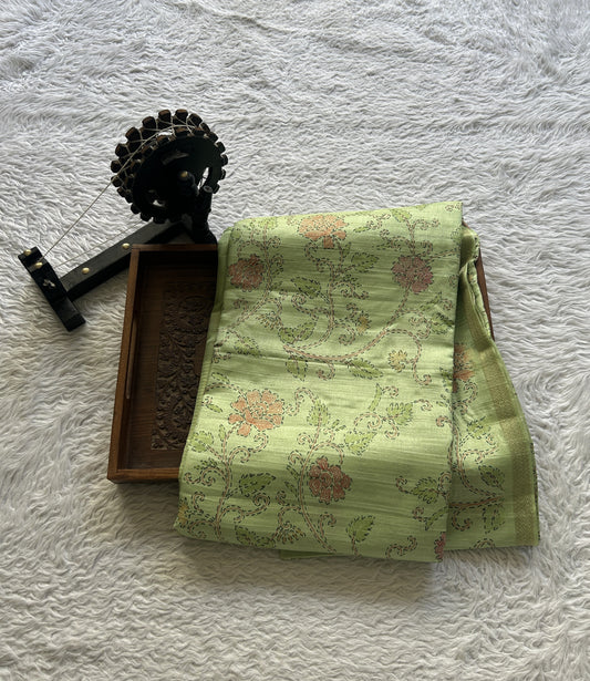 Semi Tussar Saree Colored Parrot Green Complemented with a Zari Border. - Sampradaya Designer Studio