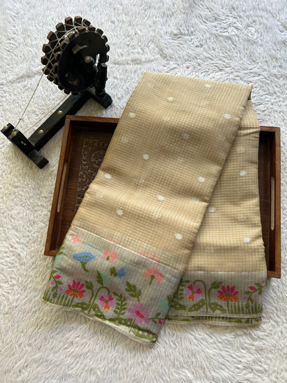 Silk Kota Saree Flax Cream Colored Elegantly Paired with a Tissue Border