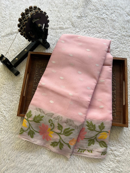 Silk Kota Saree Light Baby Pink Colored Elegantly Paired with a Tissue Border