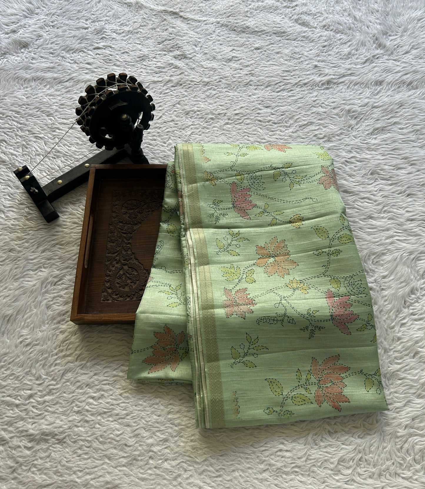 Semi Tussar Saree Colored Light Sea Green Complemented with a Zari Border. - Sampradaya Designer Studio