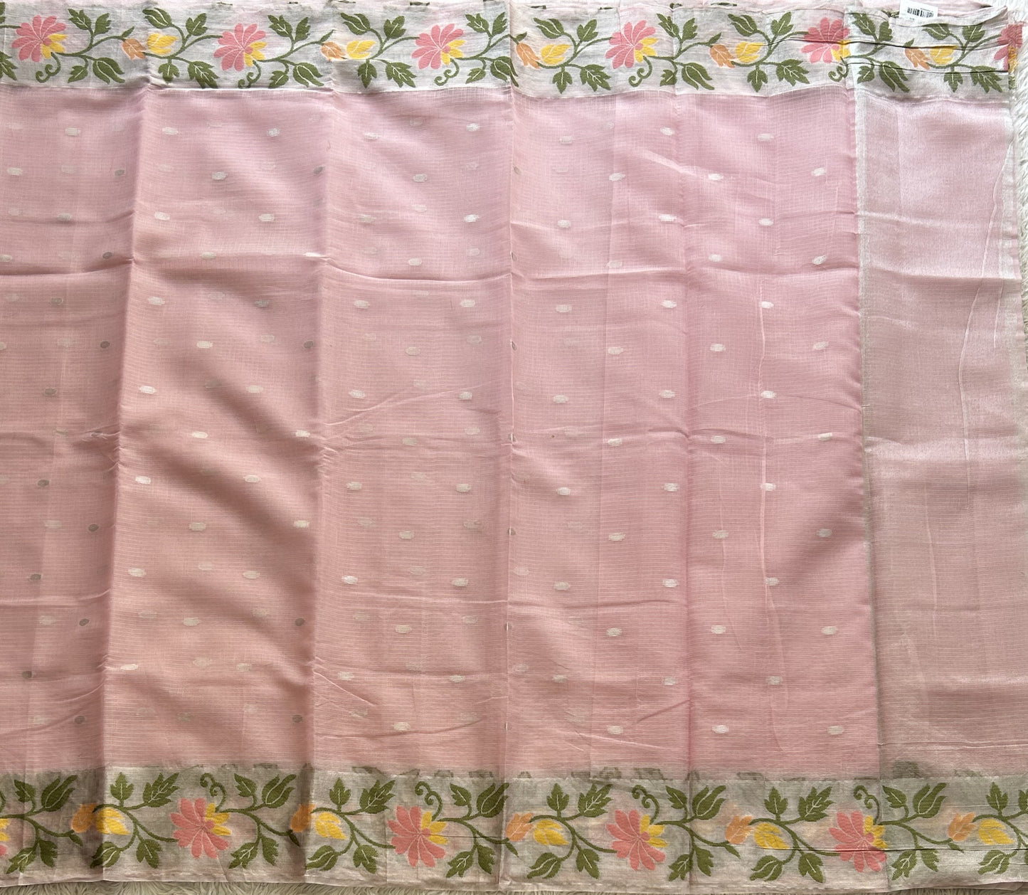 Silk Kota Saree Light Baby Pink Colored Elegantly Paired with a Tissue Border