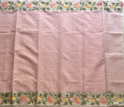 Silk Kota Saree Light Baby Pink Colored Elegantly Paired with a Tissue Border
