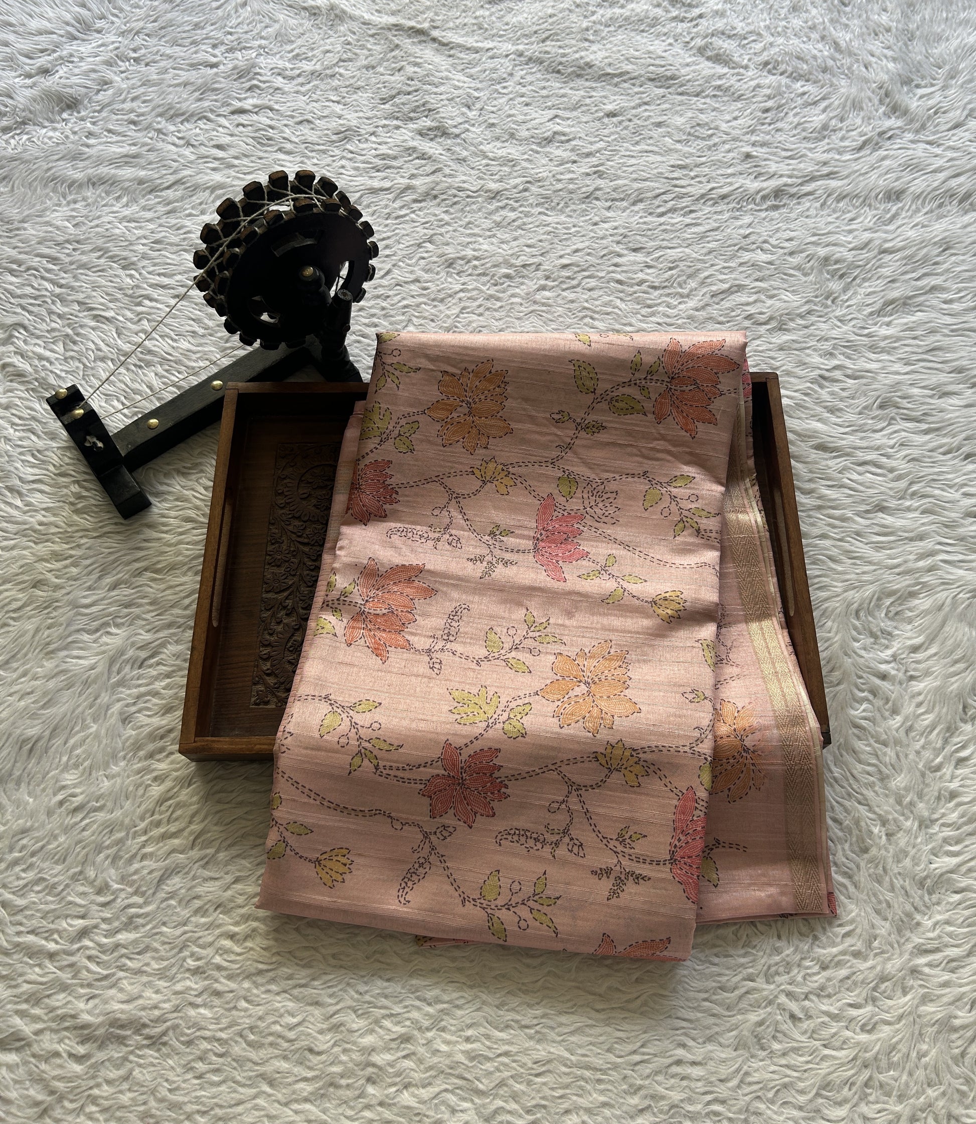Semi Tussar Saree Colored Baby Pink Complemented with a Zari Border. - Sampradaya Designer Studio