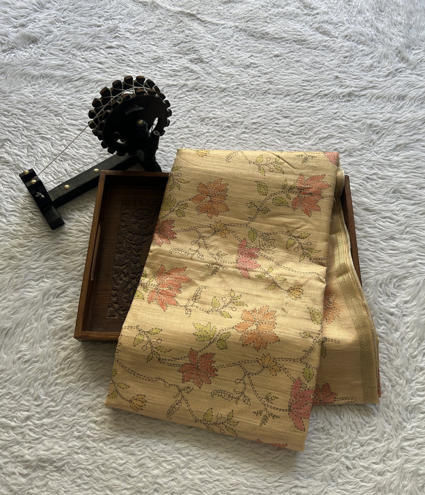 Semi Tussar Saree Sandalwood Colored Complemented with a Zari Border. - Sampradaya Designer Studio