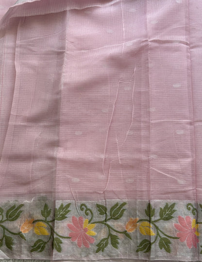 Silk Kota Saree Light Baby Pink Colored Elegantly Paired with a Tissue Border
