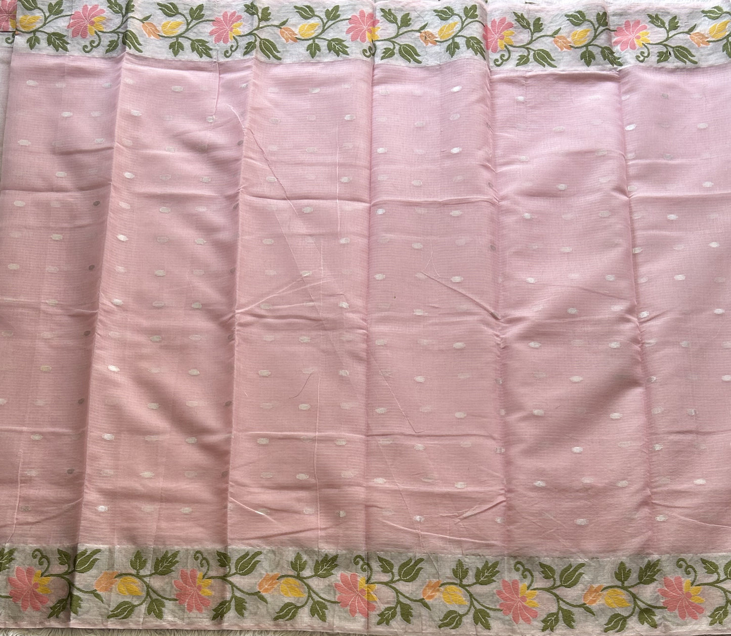 Silk Kota Saree Light Baby Pink Colored Elegantly Paired with a Tissue Border