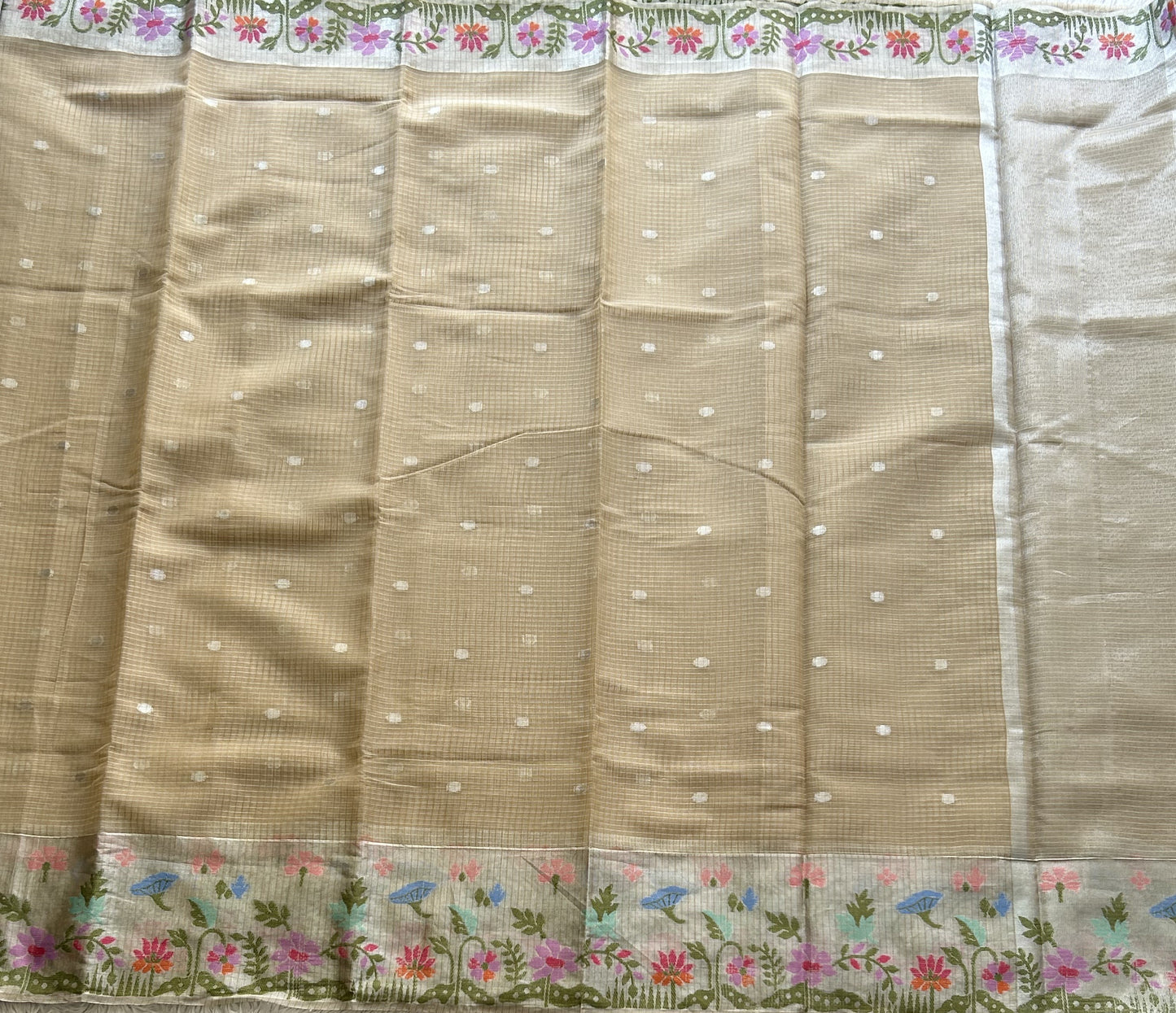 Silk Kota Saree Flax Cream Colored Elegantly Paired with a Tissue Border