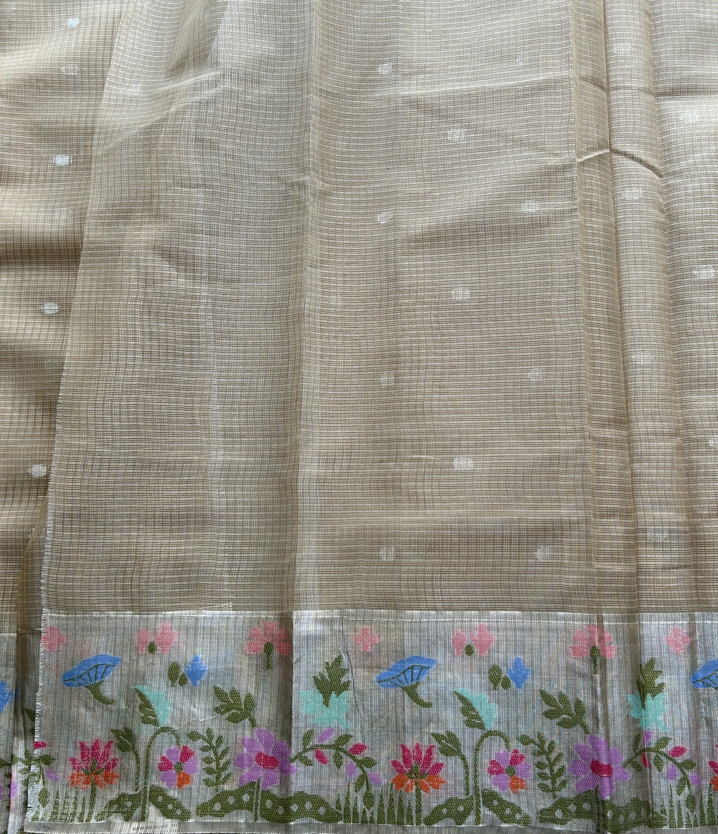 Silk Kota Saree Flax Cream Colored Elegantly Paired with a Tissue Border