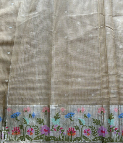 Silk Kota Saree Flax Cream Colored Elegantly Paired with a Tissue Border