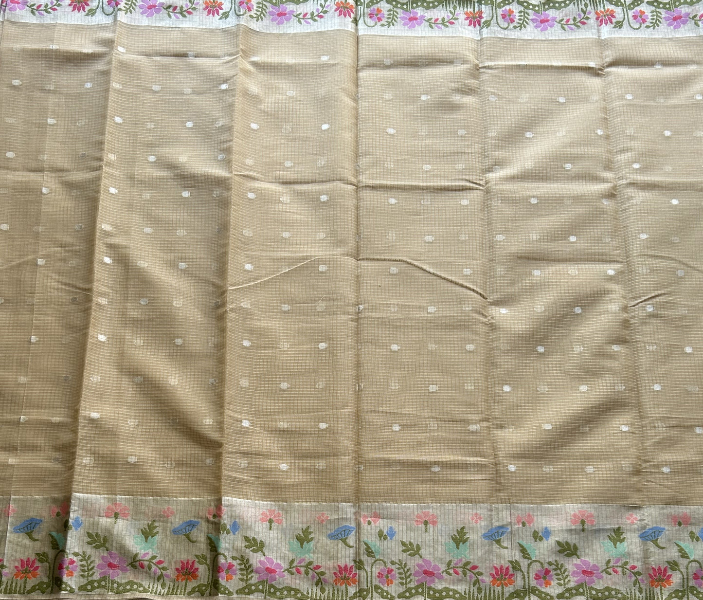 Silk Kota Saree Flax Cream Colored Elegantly Paired with a Tissue Border