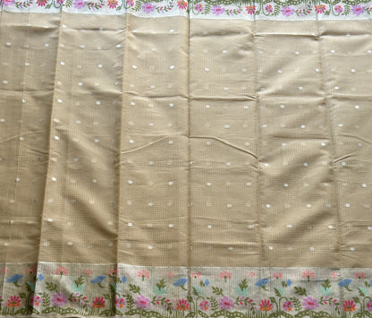 Silk Kota Saree Flax Cream Colored Elegantly Paired with a Tissue Border