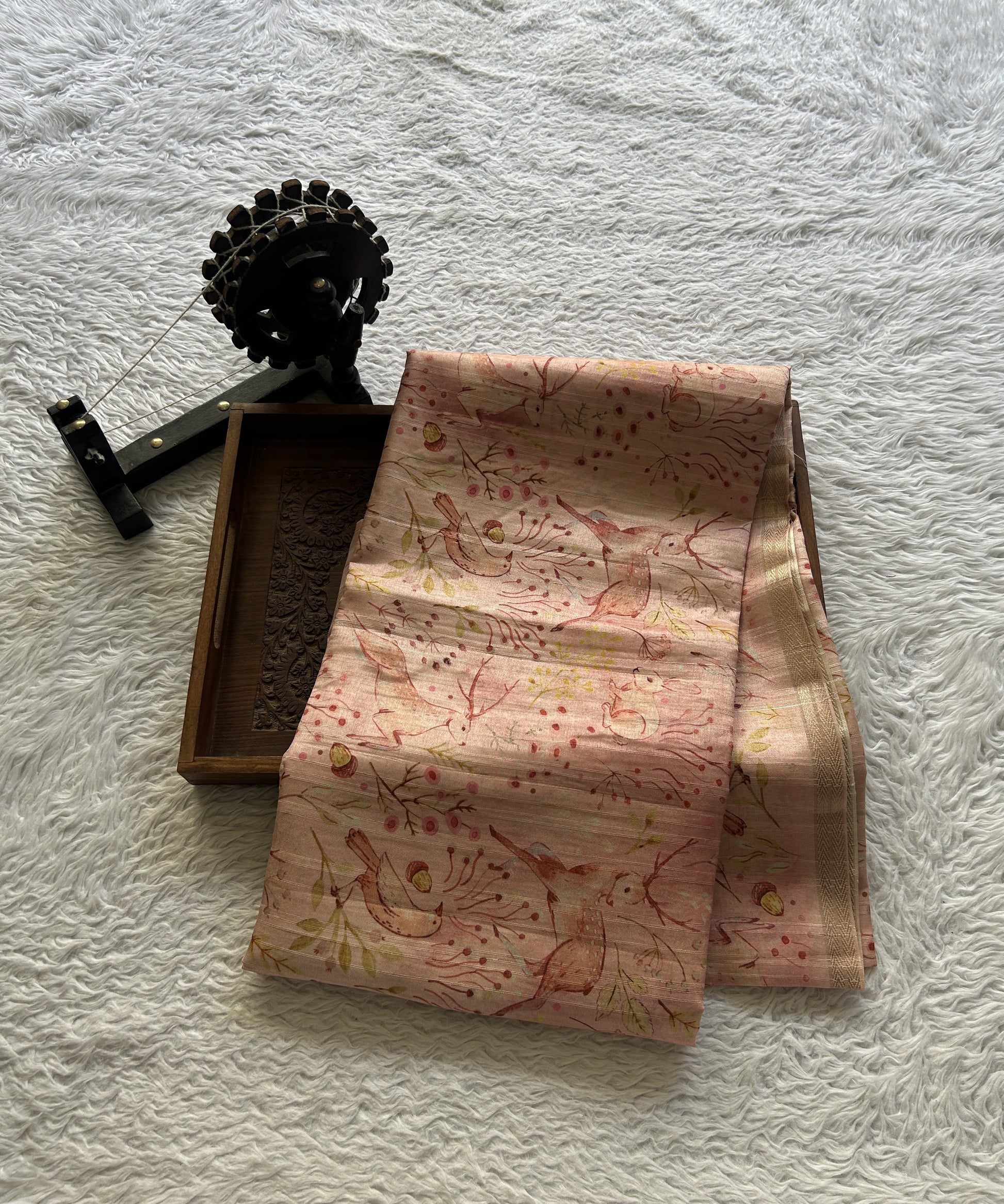 Semi Tussar Saree Colored Light Peach Complemented with a Zari Border. - Sampradaya Designer Studio