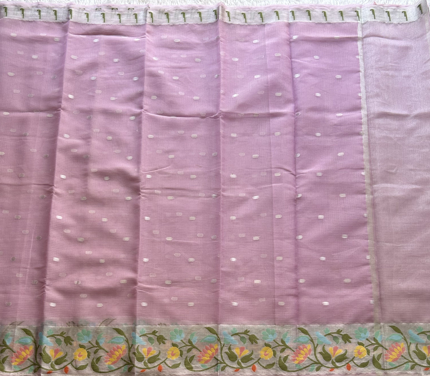 Silk Kota Saree Light Lavender Colored Elegantly Paired with a Tissue Border