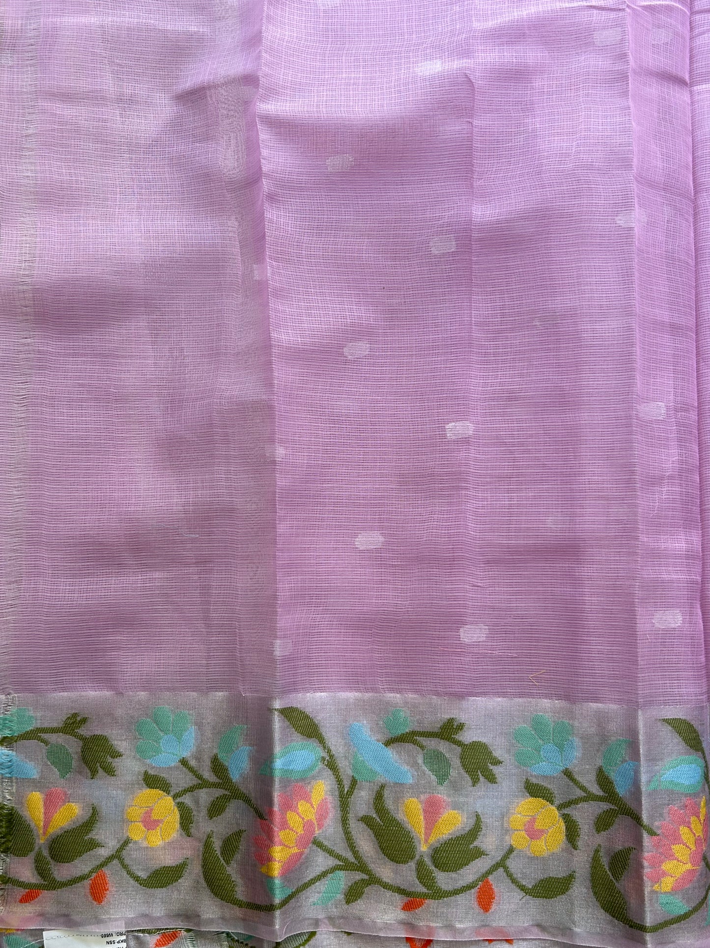 Silk Kota Saree Light Lavender Colored Elegantly Paired with a Tissue Border