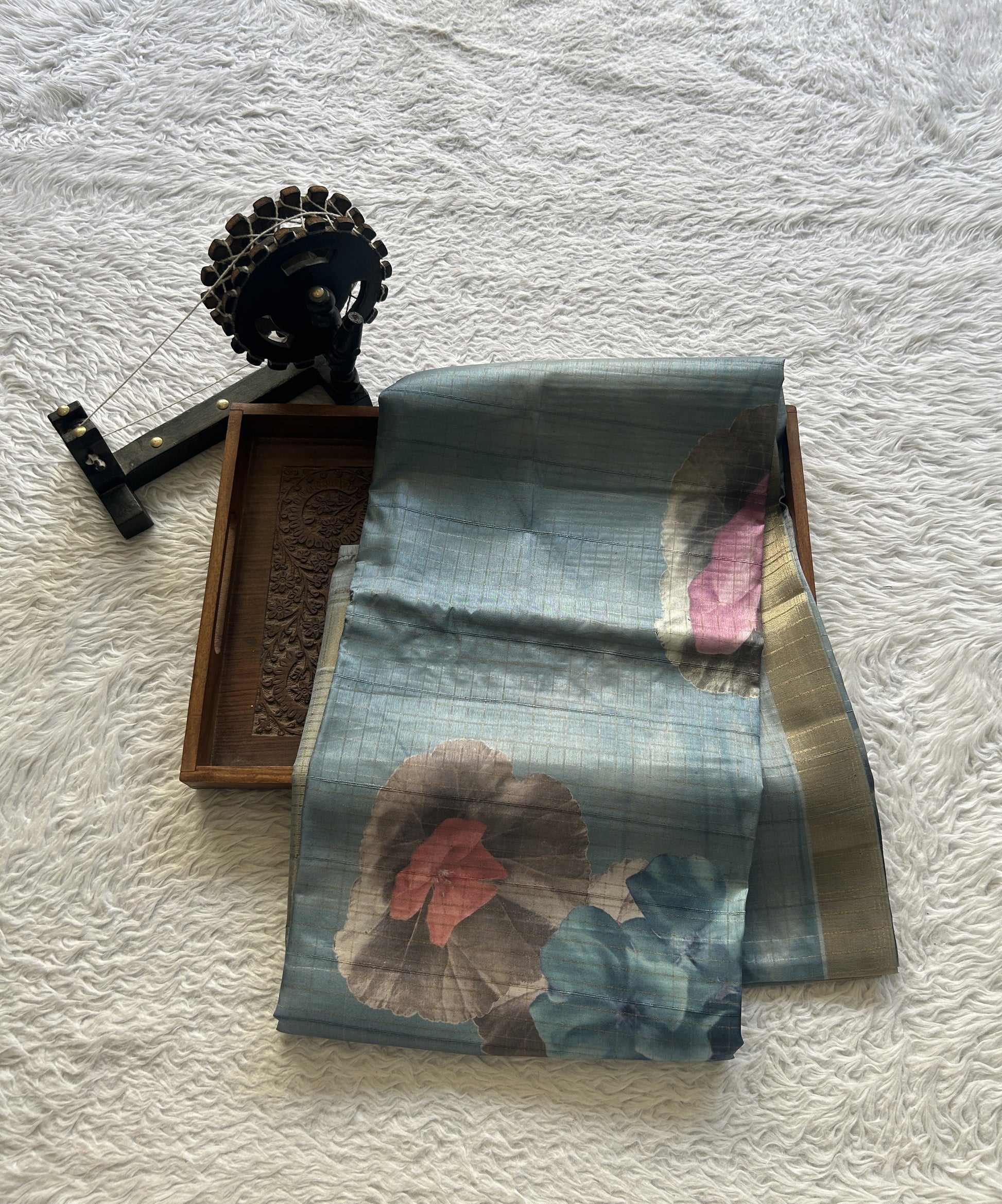 Semi Tussar Saree Colored Aqua Blue Complemented with a Zari Border. - Sampradaya Designer Studio