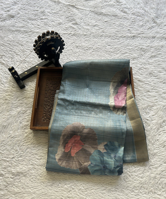Semi Tussar Saree Colored Aqua Blue Complemented with a Zari Border. - Sampradaya Designer Studio