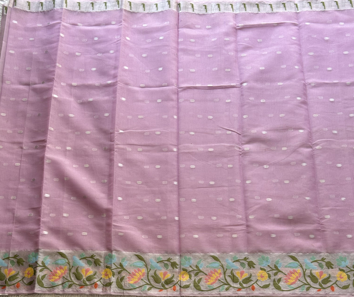 Silk Kota Saree Light Lavender Colored Elegantly Paired with a Tissue Border