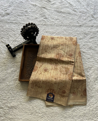 Semi Tussar Saree Wheat Colored Elegantly Paired with a Borderless. - Sampradaya Designer Studio