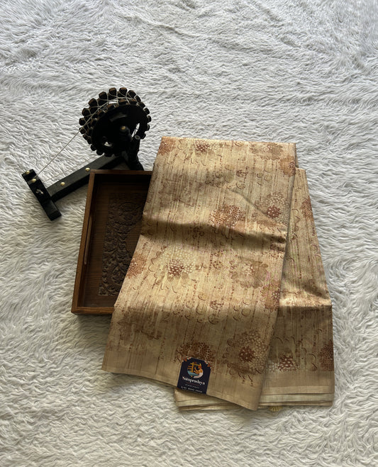 Semi Tussar Saree Wheat Colored Elegantly Paired with a Borderless. - Sampradaya Designer Studio