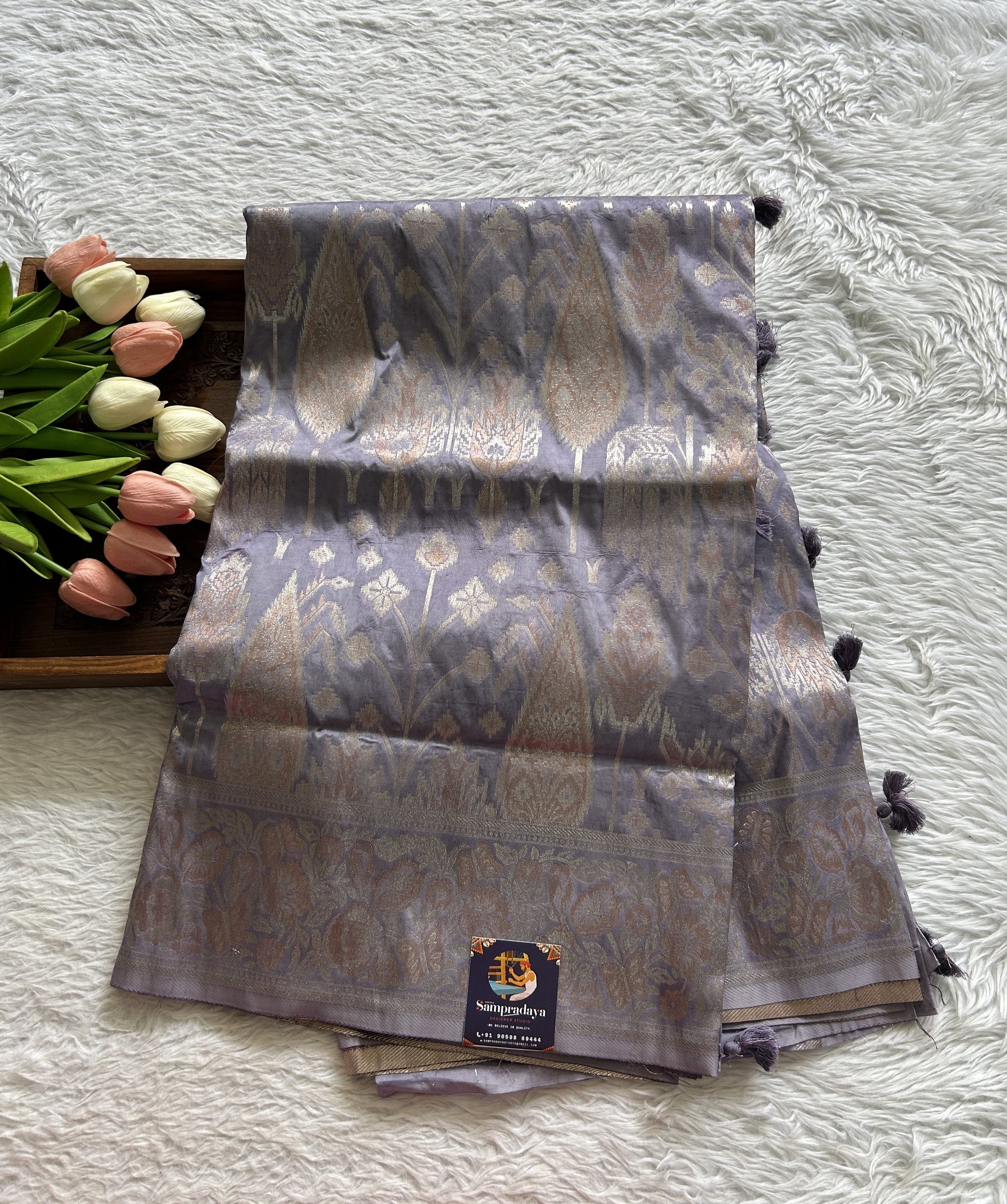 Semi Tussar Saree Lavender Colored Complemented with a Zari Border. - Sampradaya Designer Studio