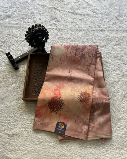 Semi Tussar Saree Pastel Peach Colored Elegantly Paired with a Borderless. - Sampradaya Designer Studio