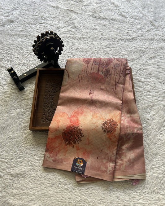 Semi Tussar Saree Pastel Peach Colored Elegantly Paired with a Borderless. - Sampradaya Designer Studio