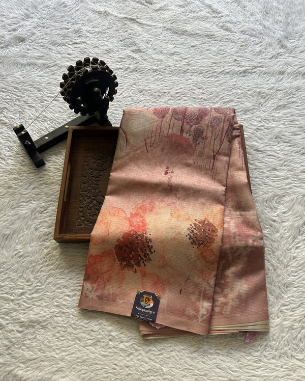 Semi Tussar Saree Pastel Peach Colored Elegantly Paired with a Borderless. - Sampradaya Designer Studio