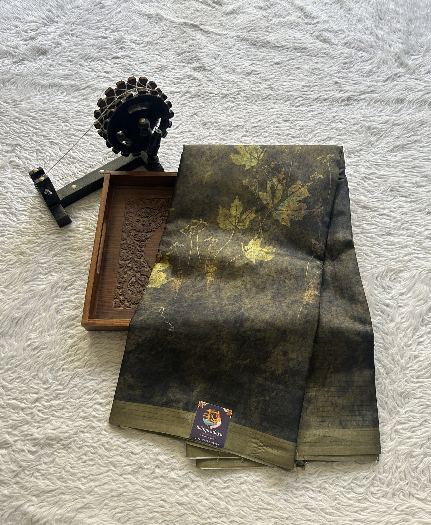 Semi Tussar Saree Mehendi Colored Elegantly Paired with a Borderless. - Sampradaya Designer Studio