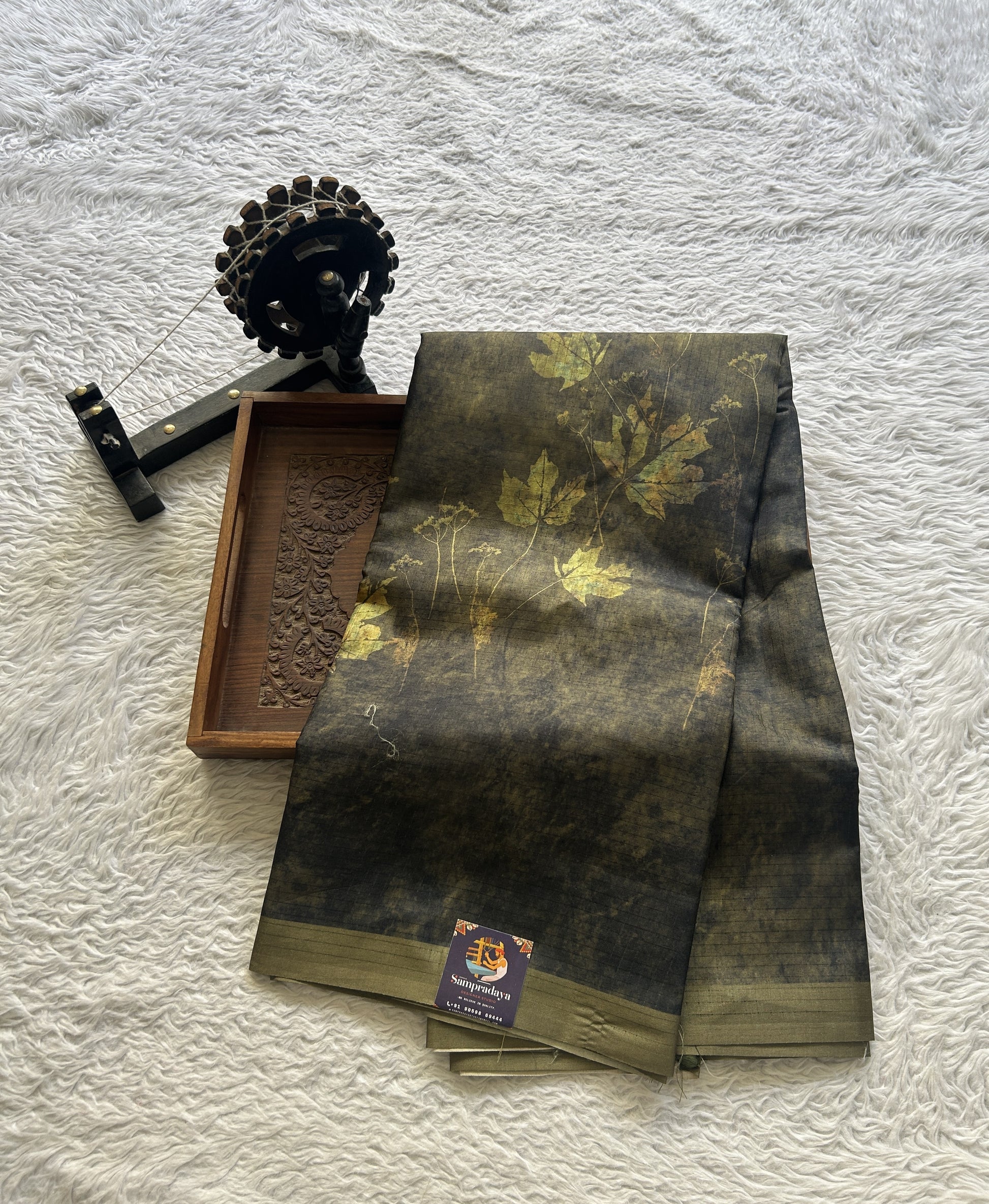 Semi Tussar Saree Mehendi Colored Elegantly Paired with a Borderless. - Sampradaya Designer Studio