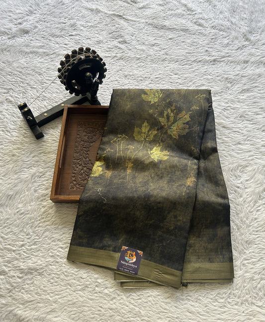 Semi Tussar Saree Mehendi Colored Elegantly Paired with a Borderless. - Sampradaya Designer Studio