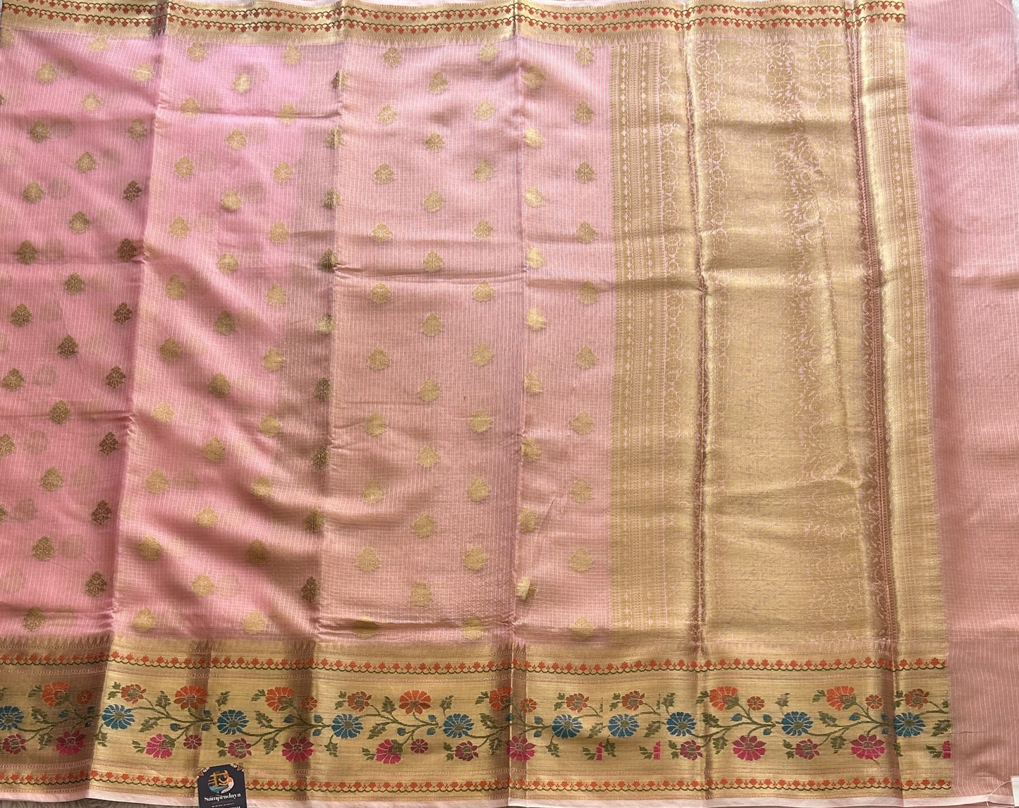 Tissue Kota Saree Light Bubblegum Colored Elegantly Paired with a Tissue Border