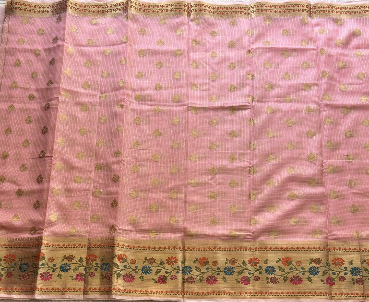 Tissue Kota Saree Bubblegum Colored Elegantly Paired with a Tissue Border