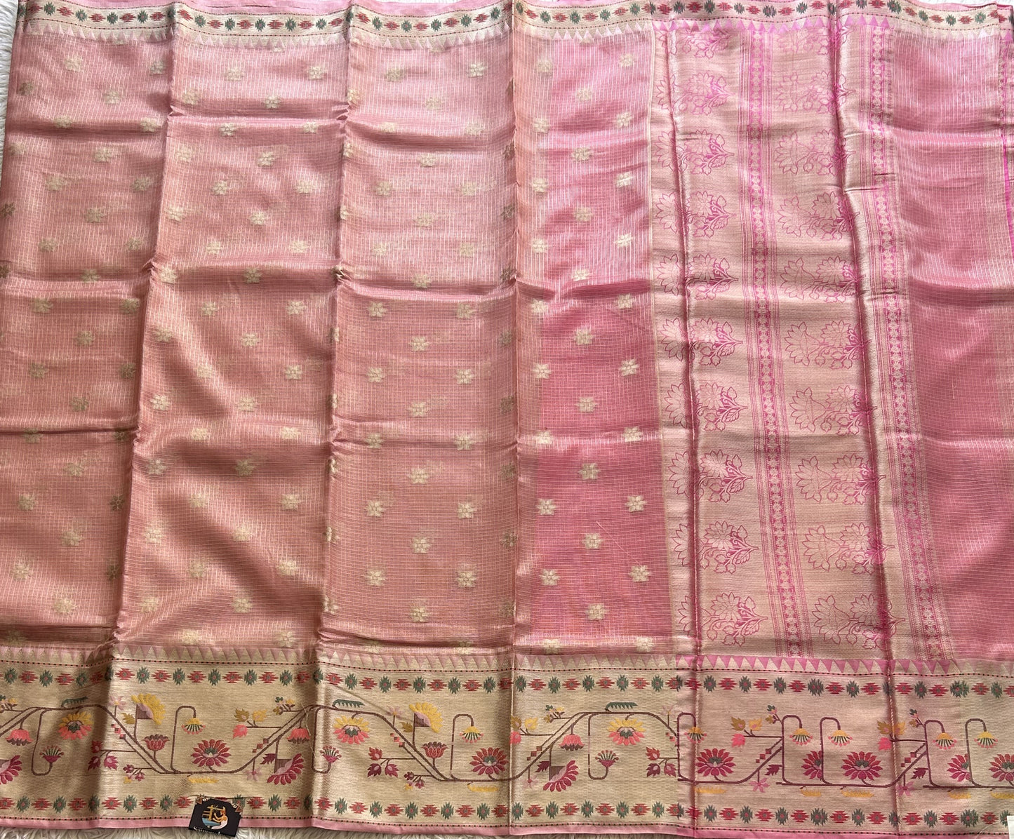 Tissue Kota Saree Bubblegum Colored Elegantly Paired with a Tissue Border