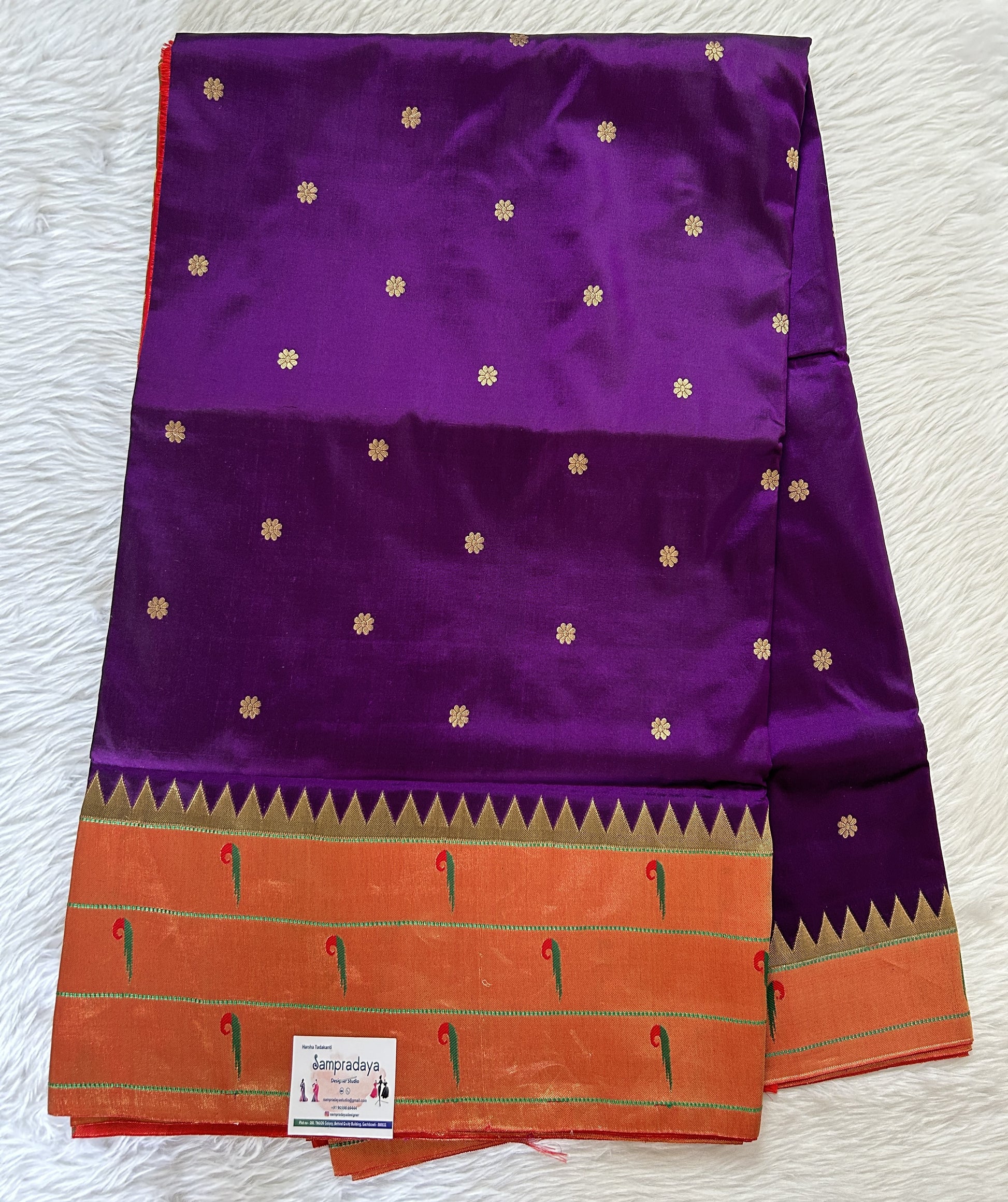 Paithani Silk Saree Purple Colored Saree Complemented With a Orange Colored Muniya Border - Sampradaya Designer Studio