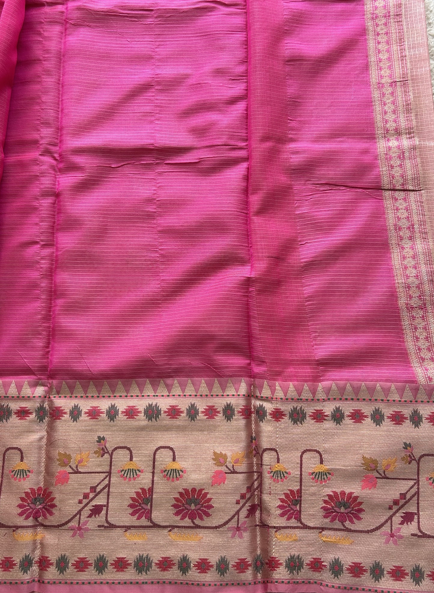 Tissue Kota Saree Bubblegum Colored Elegantly Paired with a Tissue Border
