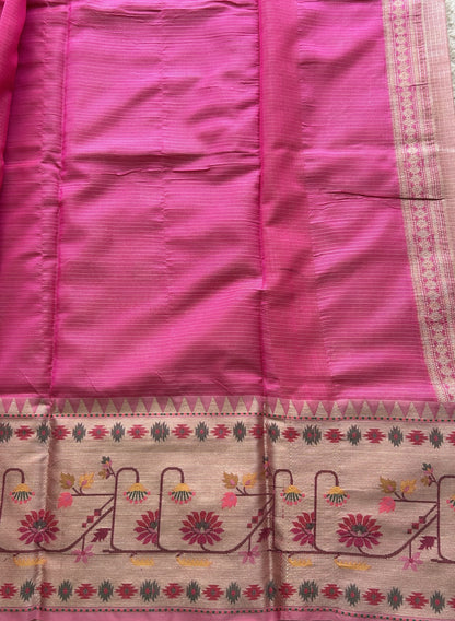 Tissue Kota Saree Bubblegum Colored Elegantly Paired with a Tissue Border